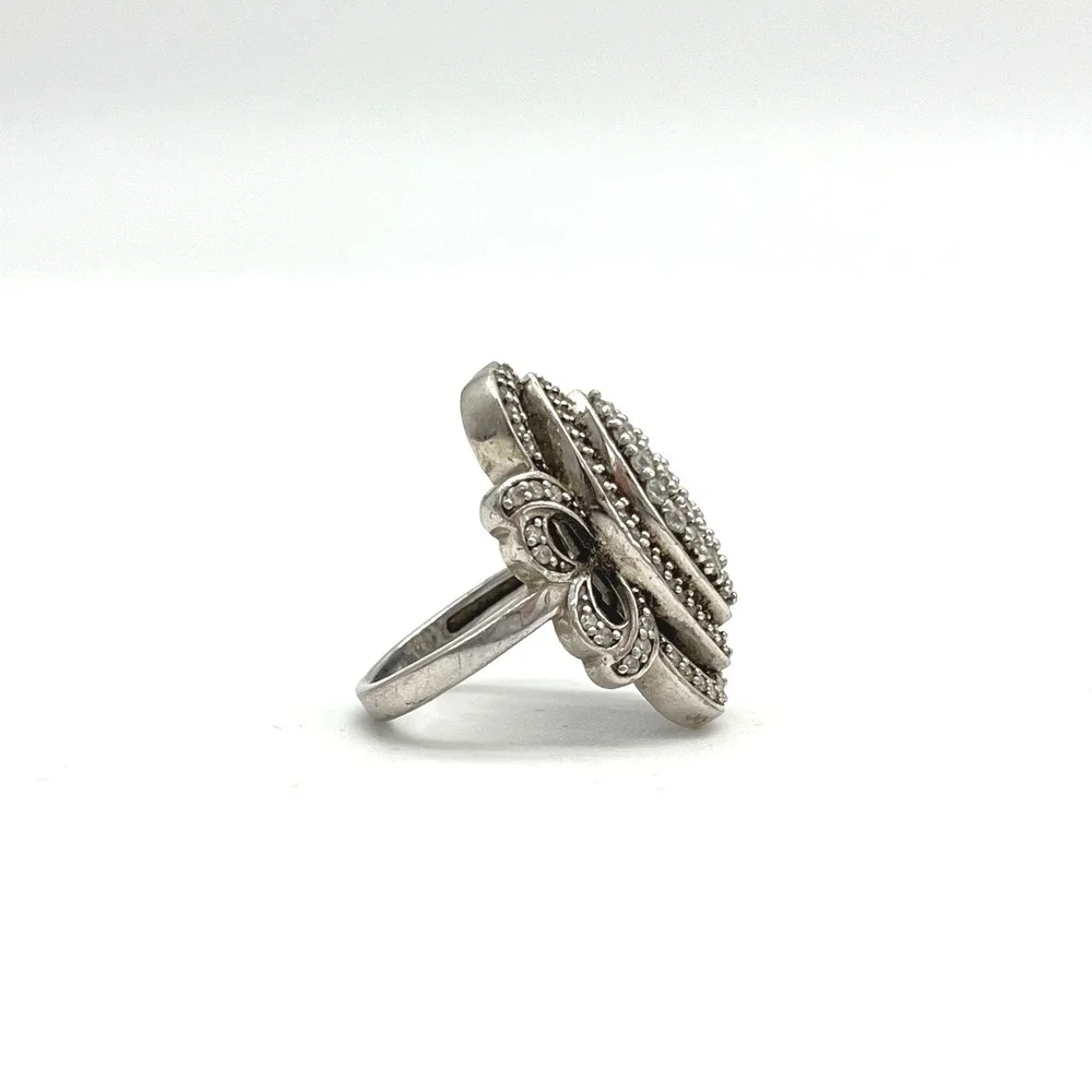 Ornate Marquee Ring Cubic Zirconia Pave Sterling Silver Statement‎ Cocktail Ring